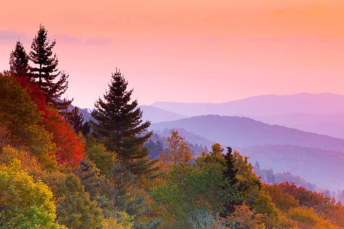 A breathtaking view featuring colorful autumn foliage, distant mountains, and a dramatic sunset sky—evoking the natural beauty of the Smoky Mountains and the opportunities for hiking, picnicking, and photography.